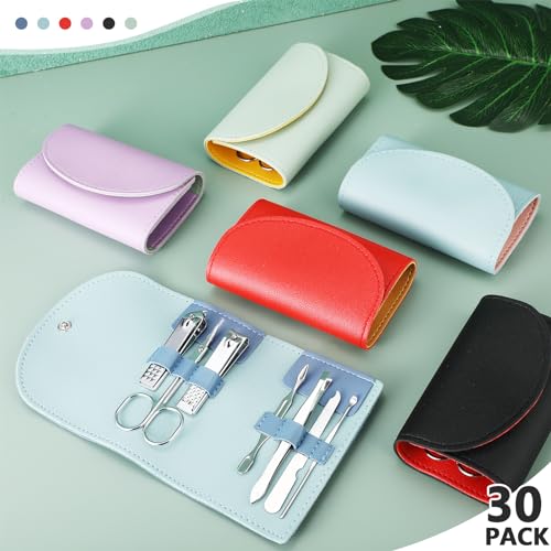 30 Set Manicure Kit Bulk Nail Clippers 7 in 1 Mini Nail Clippers Stainless Steel Professional Care Pedicure with Travel Bag Grooming Kit for Women Men Home(Bright Color,Classic)