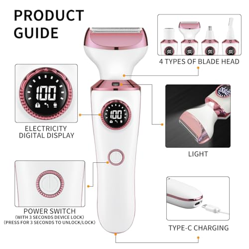 4-in-1 Electric Razor & Bikini Trimmer for Women - Rechargeable Wet/Dry Body Shaver for Face, Legs, Underarms, Pubic Hair, IPX6 Waterproof with LED Light & Travel Lock