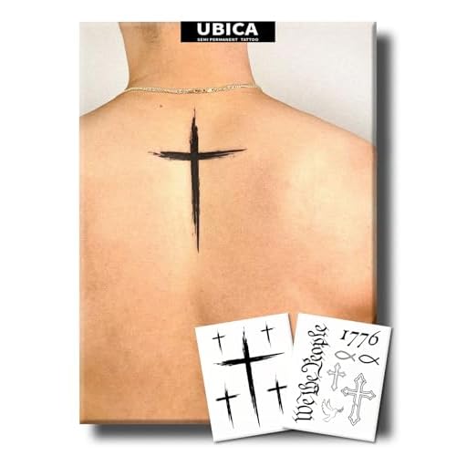 Semi Permanent Tattoo Men, 2 Sheets Realistic Cross Christian Temporary Tattoos for Men, Lasts 1 Weeks, Develops Fully in 48H, Waterproof and Non-Reflective, Cool Cross Tattoo
