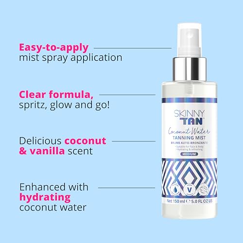 Skinny Tan Coconut Water Tanning Mist - Refreshing, Non-Sticky, and Fast Absorbing Formula - Formulated with Ultra-Hydrating Coconut Water - Delicious Tropical and Vanilla Scent - Medium - 5 oz