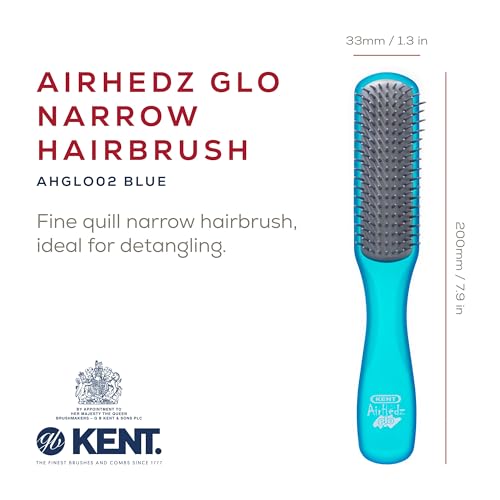 Kent AHGLO02 Airhedz Glo Blue Half Round Narrow Detangling Hair Brush - 9 Row Ionic Anti Static Non Scratch Long Nylon Bristle Great for Detangling and Smoothing Medium to Long Length Hair