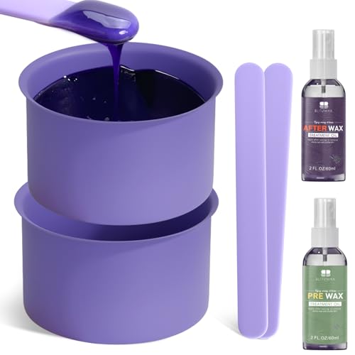 BLITZWAX 2pcs Silicone Wax Pot Liners for Hair Removal, Purple Wax Warmer Bowls Kit with Sticks for Women and Men Body Waxing, Reusable and Easy to Clean Accessories, Compatible with 16 oz Waxing Kit