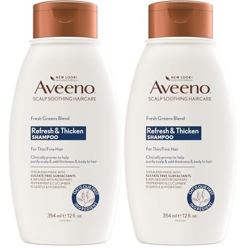 Aveeno, Fresh Greens Blend Sulfate-Free Shampoo with Rosemary, Peppermint & Cucumber to Thicken & Nourish, Clarifying & Volumizing Shampoo for Thin or Fine Hair, Paraben-Free, 12oz (Pack of 2)