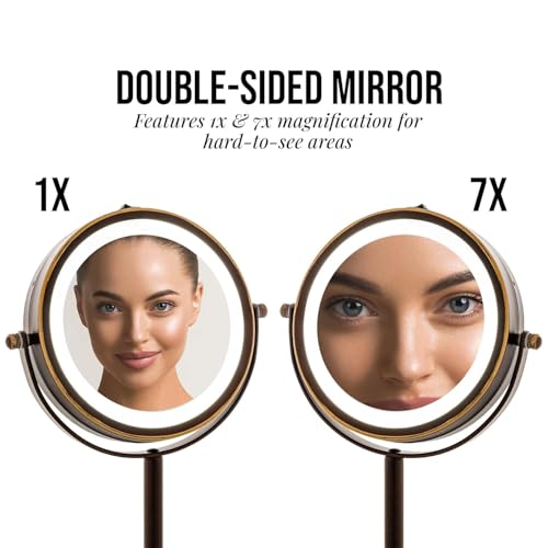 OVENTE 6" Lighted Makeup Mirror with 1X/7X Magnification, Cordless Tabletop Mount Vanity Round Mirror with 360¡Æ Swivel Design and Double Sided Cool Tone LED Ring Light, Antique Bronze MLT60ABZ1X7X