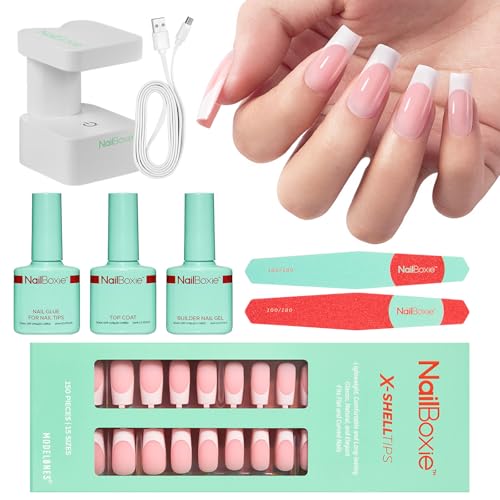 Modelones Gel Nail Kit, Top Coat, Nail Builder Gel and Nail Glue for Nail Tips, Press On Nails Kit with LED Light, 150 PCS Long Pink Square, 15 Sizes French Tip Press on Nails