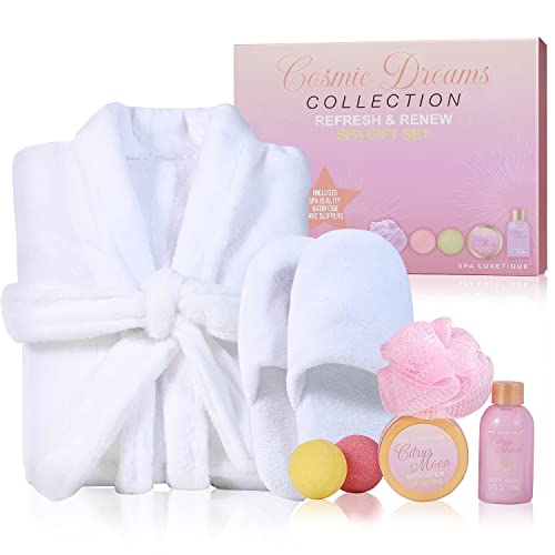 Spa Luxetique Robe and Slippers Spa Set Women, Christmas Mothers Day Gifts, 6pcs Flannel Soft Bath Robe, Bath and Body Works Bath Sets with Slippers, Body Lotion, Bath Bombs, Robe Sets for Women
