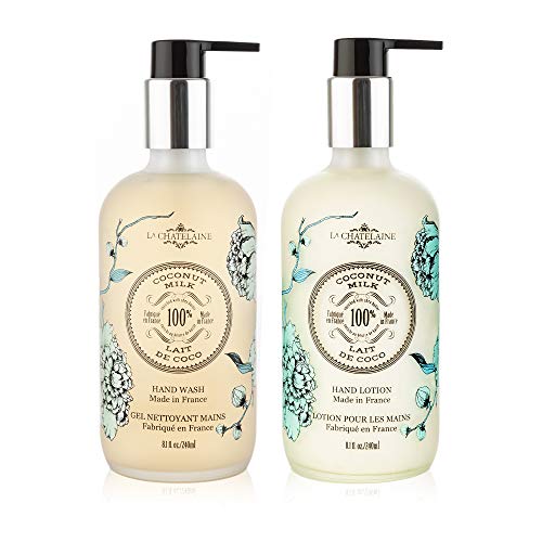 La Chatelaine Hand Wash & Lotion Set | Sulfate Free | Frosted Glass Bottles | Nourishing Shea Butter Formula | Natural and Organic | Made in France | 2 x 8.1 oz. (Coconut Milk)
