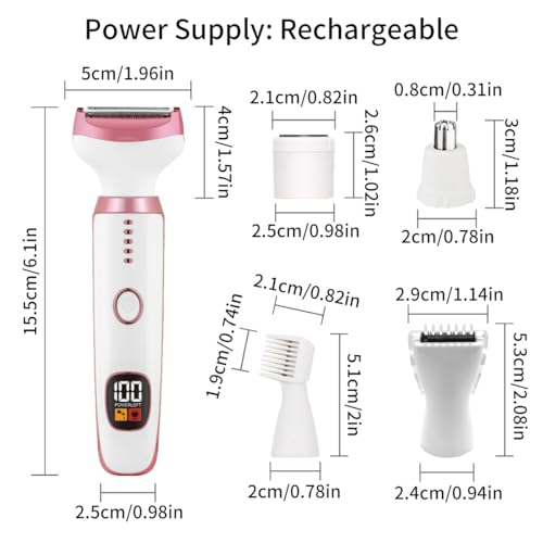 Electric Razors for Women, Bikini Trimmer for Women 5 in 1 Body Shaver for Nose Hair Face Eyebrow Arms Legs Armpit Underarm Pubic Area, Replaceable Lady Facial Razor Painless USB Charge Female Gift