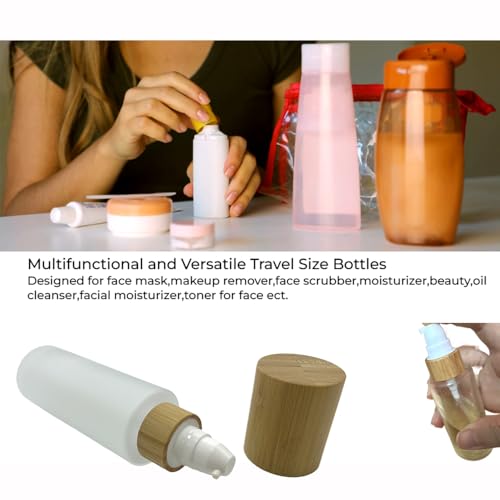 Empty Cosmetic Bottles 3.3oz/100ml 4 PACK with Bamboo Cap,Frosted Glass Lotion Pump DispenserRefillable Emulsion Cosmetic Cream Bottles, Toiletries Refill Travel Containers(Frost Clear)