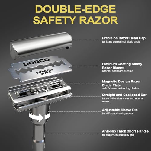Travel Double Edge Safety Razor, Classic Safety Shaver Razor with Long Handle Adjustable (Razor with Beard Shaping Tool and Hot Compress Shaving Towel)