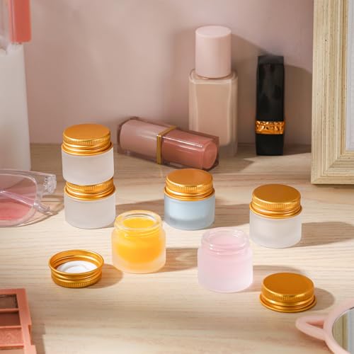 48 pack 10ml Frosted Glass Jars with Gold Lids Small Empty Travel Lotion Containers with Inner Liner Airtight Cosmetic Holder with Labels for Lip Balm Creams Body Butter