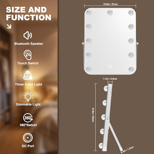 MINISO Vanity Mirror with Lights and Bluetooth Speaker- 10.6" x 13.8" Hollywood Makeup Mirror with 3 Color Lights, Smart Touch Control, Rounded Rectangle White Frame