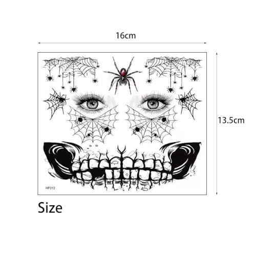 8 Sheets Halloween Face Temporary Tattoo Stickers Skeleton Mouth Tattoos 3D Spider Web Pumpkin Face Bat Spider Fake Tattoos Halloween Makeup Kit for Women Men