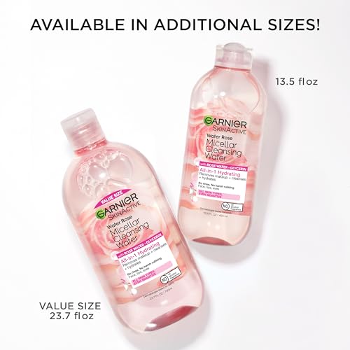 Garnier Micellar Water with Rose Water and Glycerin, Hydrating Facial Cleanser & Makeup Remover, For All Skin Types, Vegan, Cruelty Free, 23.7 Fl Oz (700mL), 1 Count