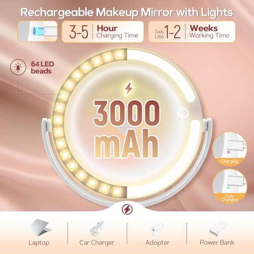 B Beauty Planet Vanity Mirror with Lights, 30X Magnifying Makeup Mirror with 3 Lighting and Adjustable Brightness, Rechargeable 2-Sided Height Adjustable Desk Mirror for Bathroom, Women Gifts for Mom