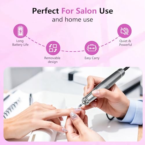 BETE Professional Nail Drill, 40000 RPM Cordless Electric Nail File Kit with 6 Bits, Rechargeable Efile for Acrylic Gel Nails Polishing, Manicure Tools for Salon Home Use, Rose Red