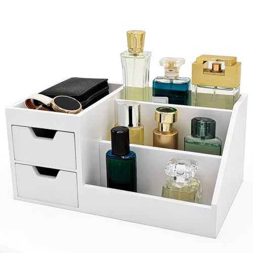 Countertop Perfume & Makeup Organizer - Wooden Rack, Cologne Stand Shelves & Skincare Organizer for Bedroom Dresser, Organizador de Perfumes Estante para Perfumes (Middle, 01) (White, 01)
