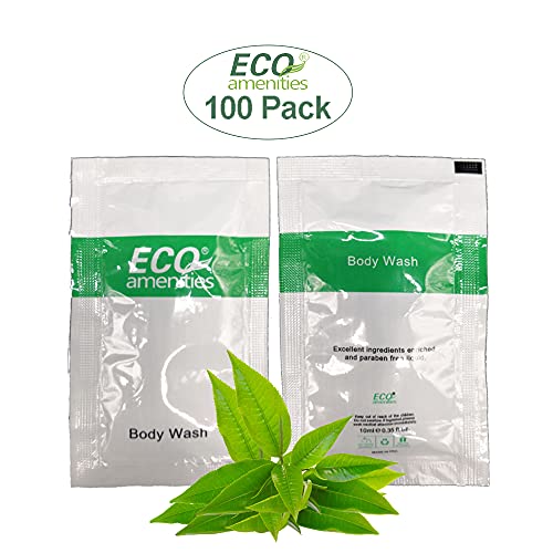 ECO amenities Body Wash Sachets - Leak-Proof TSA Approved Travel Toiletries - Green Tea Scented Liquid Soap Packets - Cruelty-Free Individual Body Wash Packets - 0.35 Fl Oz, Pack of 100