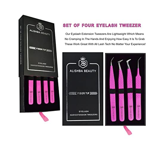 Alishba Beauty Eyelash Extension Tweezers, Precision Fiber Tip Grip Japanese Stainless Steel Profiessional (Set of 4 Eyelash Tweezer) (HOT PINK)