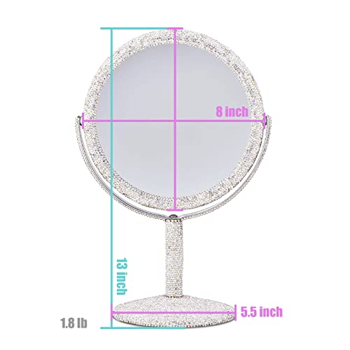 TISHAA Bling Makeup Vanity Mirror - Luxury Stand Double Sided Mirror Crystal Rhinestone Portable Desk Bathroom Bedroom (2X Magnification)