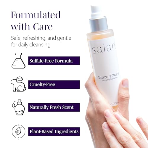 Saian Strawberry Cleanser 4oz ? Gentle Daily Facewash & Makeup Remover for Normal, Dry, and Sensitive Skin | Hydrating, Non-Irritating Facial Cleanser | Exfoliating, Moisturizing, Soothing & Purifying