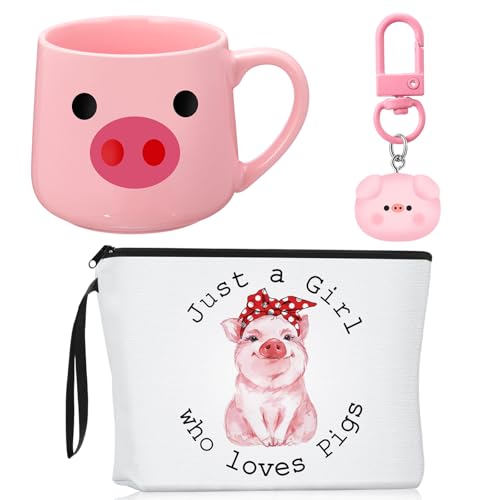 3 Pcs Cow Pig Lovers Gifts for Women Funny Travel Makeup Bag Portable Cosmetic Bag Cute Coffee Mug 11.8 oz Stainless-Steel Keychain for Women Animal Lovers Gifts(Pig Style)