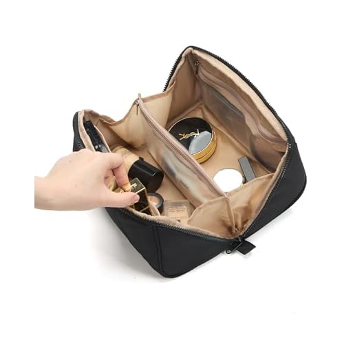 NISHEL Travel Makeup Bag for Women, Fluffy & Lightweight Open Flat Cosmetic Organizer with Multiple Functional Divider for Brush Independent Storage, Handle for Easy Portability, Large, Black
