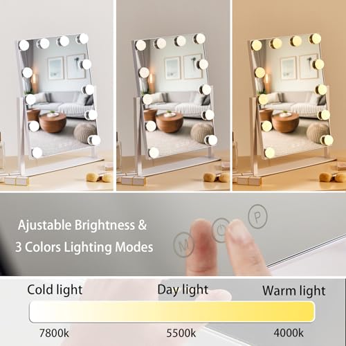 HIEEY Hollywood Vanity Mirror with 12 Dimmable Bulbs Lights, Three Color Lighting Modes, and 5X Magnification, Smart Touch Control, 360¡ÆRotation (White,Gift Box)