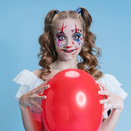 HOWAF 4 Sheets Halloween Clown Face Tattoos Joker Full Face Temporary Tattoos, Hallows' Eve Creepy Clown Evil Costume Tattoo Stickers, Jokers Clowns cosplay Make Up Facial Tattoo