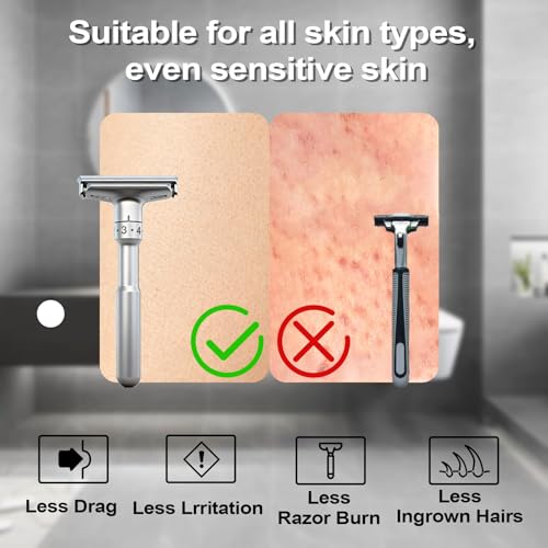 Travel Double Edge Safety Razor, Classic Safety Shaver Razor with Long Handle Adjustable (Razor with Beard Shaping Tool and Hot Compress Shaving Towel)
