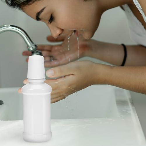 NOLITOY 6Pcs Portable 200ml/6.8oz Plastic Flat Mouthwash Bottles with Measurement Marks, Refillable Oral Cleaner Containers for Travel