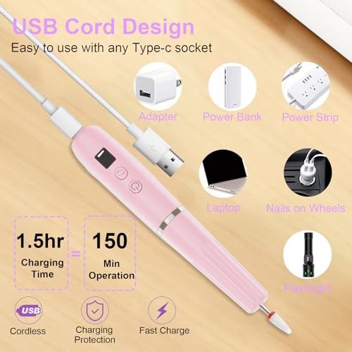Electric Nail Filer, Professional Nail Drill Kit, Electric Nail Drill Kit, Portable File for Acrylic Gel Nails, Cordless Nail File Electric Manicure Pedicure Tools with Drill Bits for Home Salon