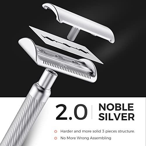 ZOMCHI Double Edge Safety Razor for Men & Women,[New Version 2.0 ] Metal Razor with 10 Double Edge Safety Razor Blades,Single Blade Razor ? Noble Silver