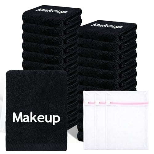 24 Pack Makeup Remover Towels Cotton Cosmetic 13x13 Inch Facial Cleansing Makeup Towels Soft Washcloths with Mesh Bag for All Skin Types Care Black