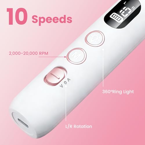 Nail Drill Kit,White Cordless Electric Nail File with 10 Speed,10 Bits and LED Light,for Acrylic Nails,Gel Polish Removal and Thick Toenails,Easy for Beginners