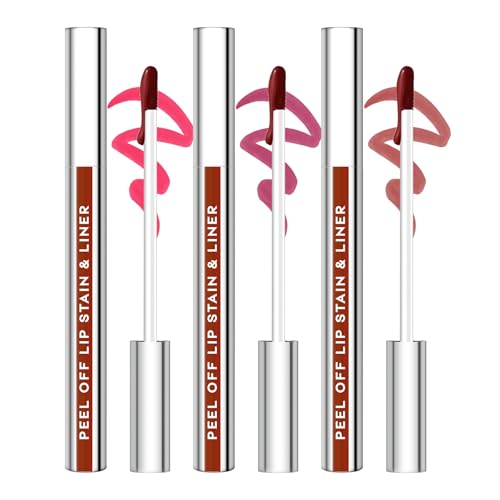 3Pcs Lip Stain Peel Off Set, Peel Off lip Liner Stain Long Lasting Waterproof, Matte Lip Tattoo Tint Transfer Proof, Highly Pigmented Color Lip Makeup(#01+02+03)