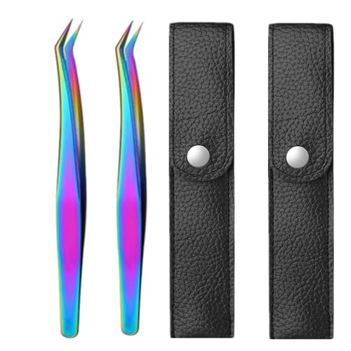 2 Pairs Rainbow Stainless Steel Curved Pointed Craft Tweezers with 2 Leather Bags for DIY Crafts, Precision Micro Tweezers for Eyelash Extensions, Electronics, and Laboratory Works