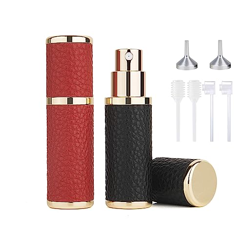2Pcs Perfume Atomizer Bottle (5ML),Mini Refillable Empty Cologne Spray Bottle With Luxury Leather Case,for Travel Out Side Work Women and Men (Black+Red)