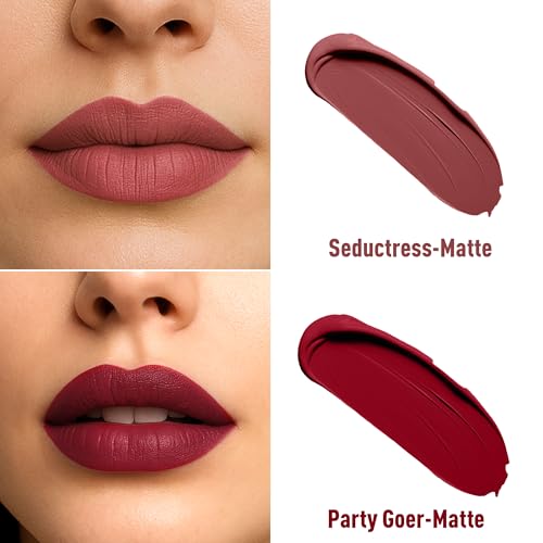 FV 2pcs Matte Liquid Lipstick, Long Lasting & Highly Pigmented, No Transfer & Waterproof, Smudge Proof Lipstick for Women, Party Goer+Seductress, 4.4mlx2
