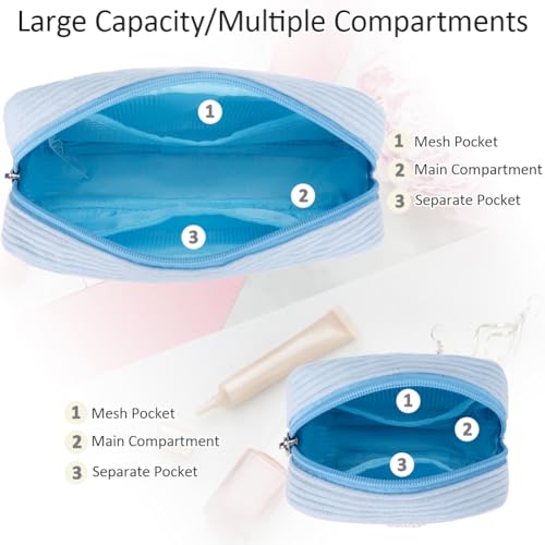 Meisohua 2 Pieces Personalized Initial Makeup Bag Set for Girls Women Cosmetic Pouch Corduroy Travel Toiletry Bag Organizer Storage Purse Pouch - Blue M