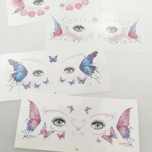 20 Sheets Glitter Fairy Makeup Tattoo Kit, Fairy Face Gems Accessories for Women Butterfly Face Temporary Tattoos Stickers for Eyes Princess Rave Party Favors Gifts