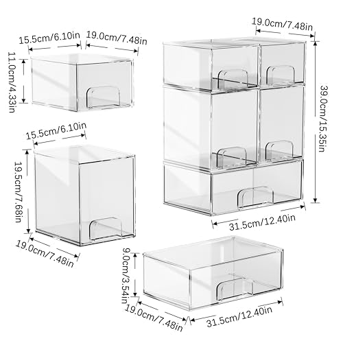 5 Pack Stackable Storage Drawers, Clear Plastic Organizer Bins with Pull-out Handle for Makeup, Ideal for Vanity, Bathroom, Undersink, Cabinet, Pantry Organization