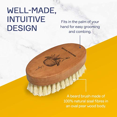 Seven Potions Vegan Beard Brush for Men ? 100% Sisal Plant Fibre & Pear Wood ? Firm Bristles to Gently Tame/Soften/Exfoliate ? 100% Natural, Non-Synthetic