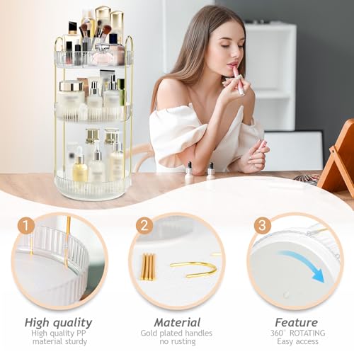 Rotating Makeup Organizer for Vanity, High-Capacity Skincare Perfume Storage, Bathroom Counter Organizer, 360 Spinning Cosmetic Dresser Countertop Organizers (White 3 Tier)