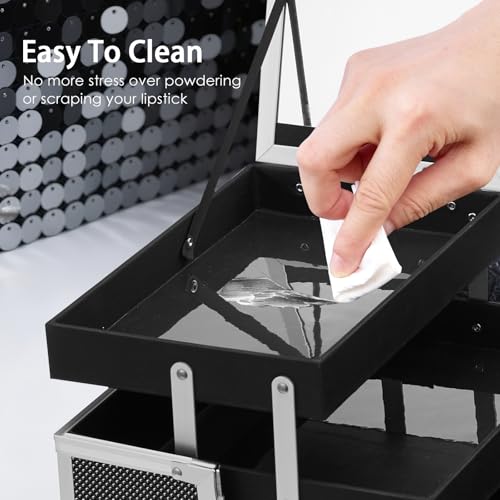 FRENESSA Makeup Case Organizer Cosmetic Box Storage Portable Makeup Train Case with Mirror 2 Trays Travel Vanity Box for Cosmetics Nail Kits Craft Tools Case Aluminum Hard Make Up Organizer Black