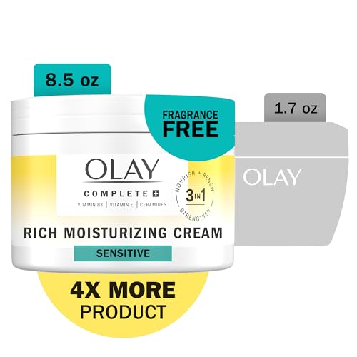 Olay Face Moisturizer,Complete+ Rich Moisturizing Cream-Fragrance-Free,Gentle for Dry&Sensitive Skin,3-in-1 Hydrating to Strengthen,Nourish,Renew-Niacinamide,Vitamin E,&Ceramides,8.5 oz,(Pack of 2)