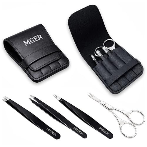 MGER Tweezers Set - Professional Stainless Steel Tweezers for Eyebrows - Great Precision for Facial Hair, Splinter and Ingrown Hair Removal (Black)