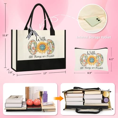 Christian Gifts for Women, Canvas Tote Bag with Makeup Bag