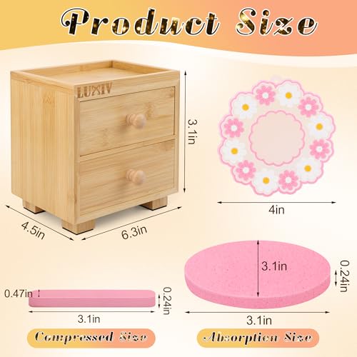 Luxiv 120 Pcs Facial Sponge Compressed with Bamboo Storage Box, Face Cleansing Sponge for Estheticians Round Compress Makeup Facial Sponge with 2 Layer Wood Drawer Storage Box, Mat