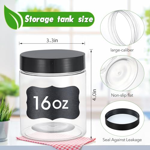 36PCS16OZ Plastic Jars with Screw On Lids, Labels Refillable Empty Round Slime Containers for Storing Dry Food, Honey Jam, Cream, Butter, Lotion (matte black)
